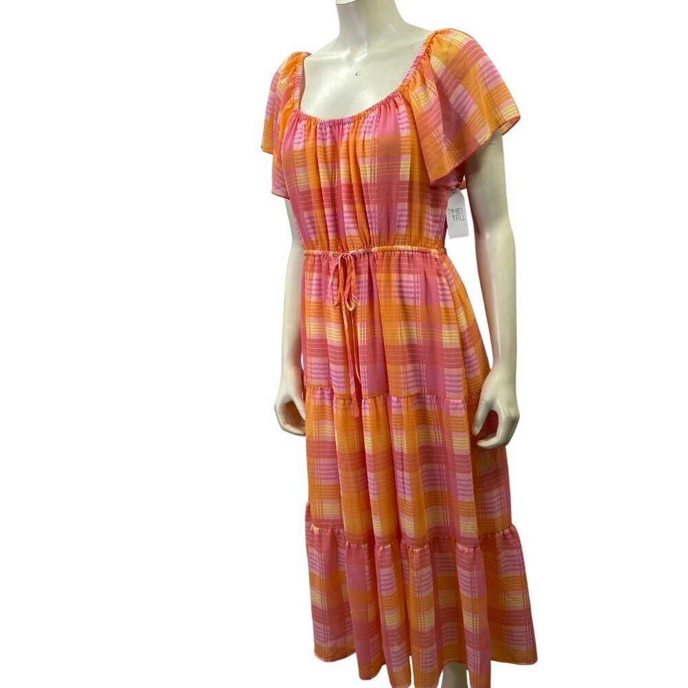 Time and Tru Pink & Yellow Plaid Midi Dress With Tiered Skirt‎ & Flutter Sleeves